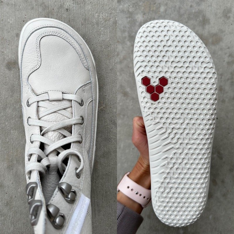 A collage showing the outsole shape of Vivobarefoot barefoot boots for fall winter. One side shows the top down view of the Gobi boot in limestone cream, and the other side shows the outsole shape.