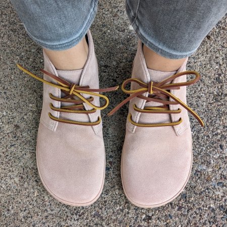 Top down view close up of the pretty pale pink suede and leather laces on Shapen Barefoot Berry all year lace up booties