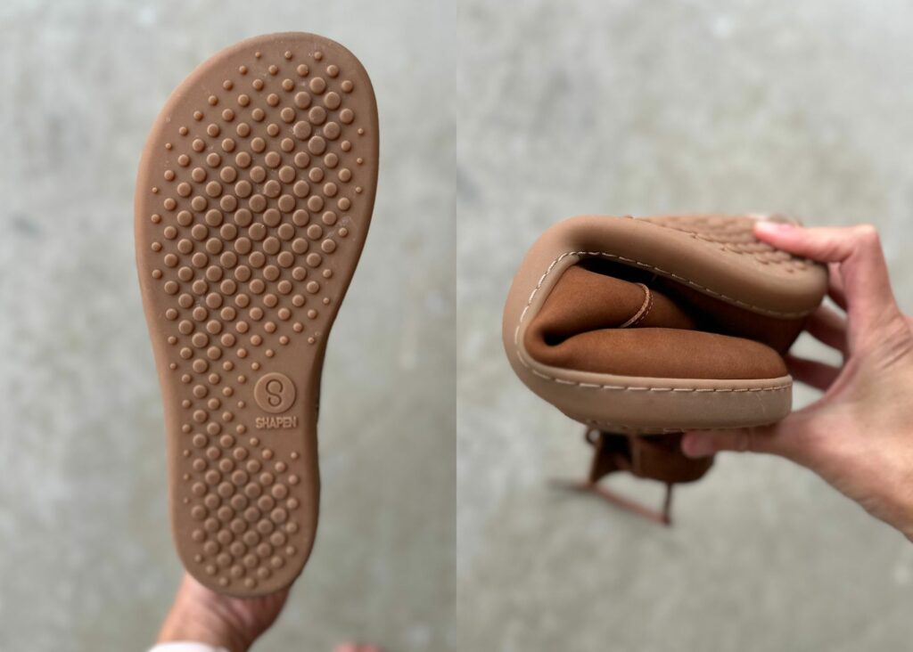 a collage showing the outsole of Shapen barefoot boots and how flexible it is by rolling it up into a ball