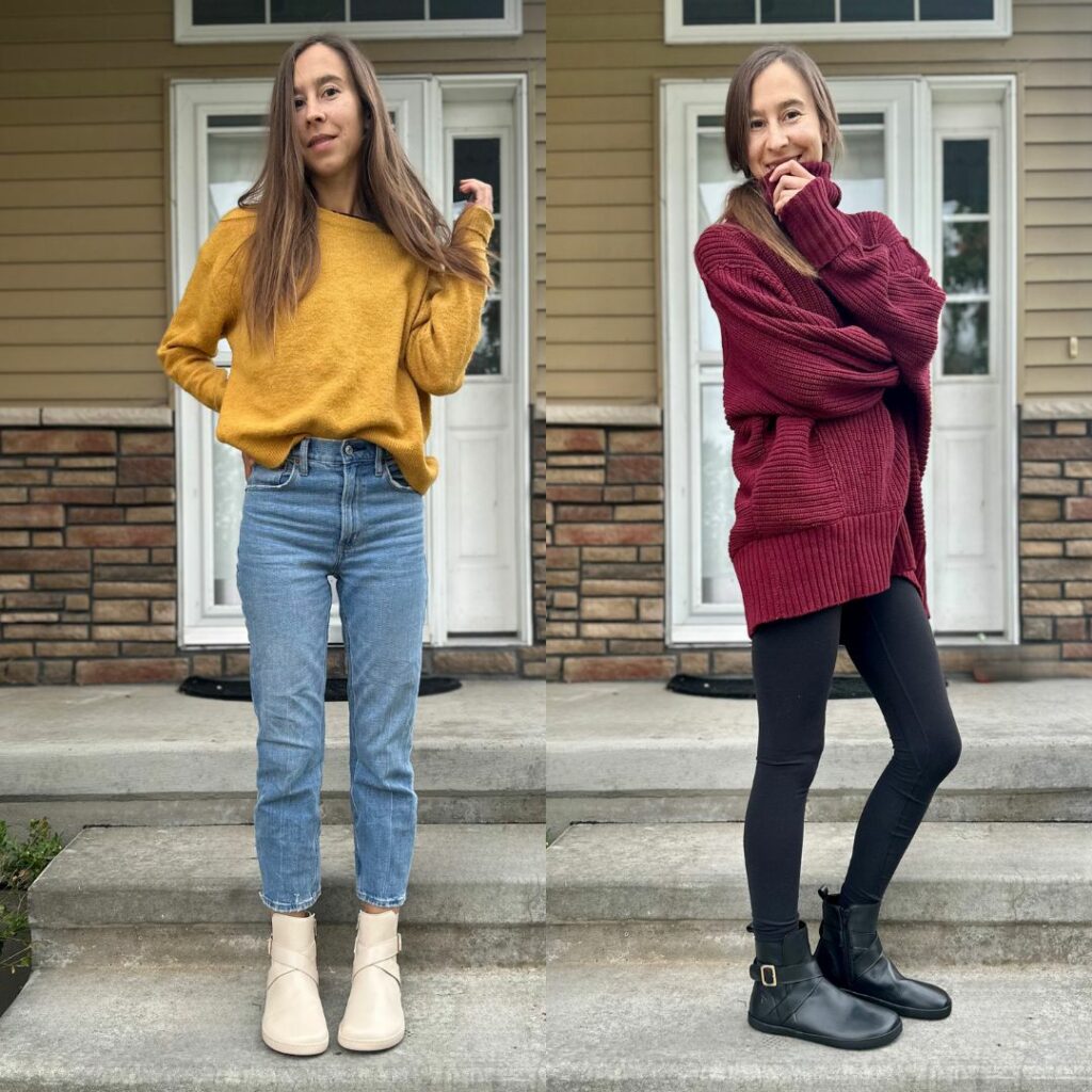 Side by side collage of full body styled photos of a woman wearing Shapen Barefoot Divine ankle boots in black and vanilla off white