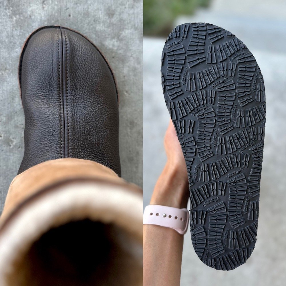 a photo comparing the outsole and toe box shape of the Softstar phoenix barefoot winter boot