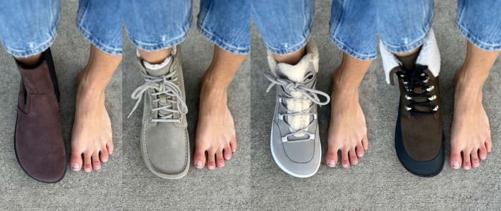 A collage of 4 different stylish wide barefoot boots shown on foot top down view to highlight the natural foot shape that is widest at the toes