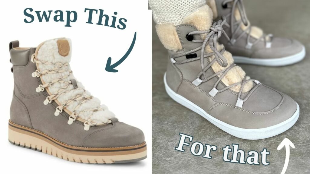 Side by side collage with Swap This pointing at a conventional lace up winter boot with fur tongue and elevated heel. For That is pointing to Be Lenka Bliss in light grey, a durable winter barefoot boot for extra wide feet