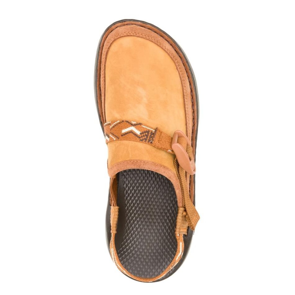 A top down product image of the Chaco Canyon clog in tan suede leather showing the wide anatomical toe box