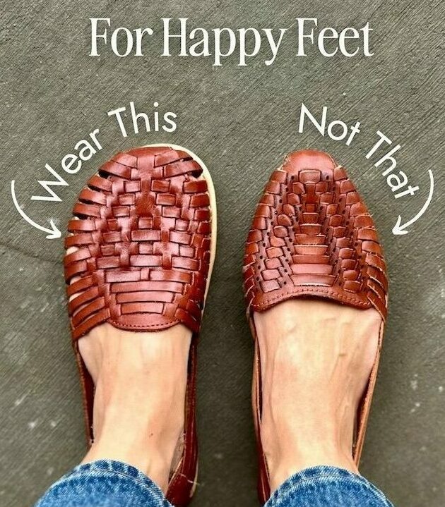 A person's feet close up wearing one traditional woven huarache sandal on the right foot and an Origo Huarache by Anya on the left to shoe the different in toe box shape. The Origo Huarache has a wide toe box and the traditional huarache sandal is pointy leaving no space for toes.