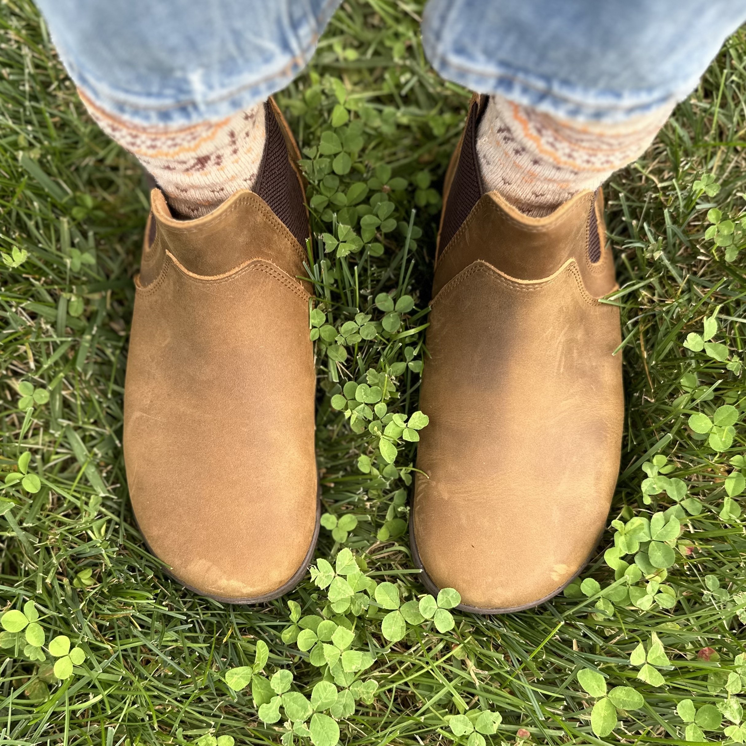 Top down close up of a woman's feet in Xero Shoes light brown leather Ridgeway chelsea boots, an affordable stylish barefoot alternative to Blundstones. She is standing on green grass with clover intermixed and her wool socks and jeans are visible over top of the boots