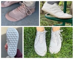 A collage of different colors and angles of the Lono Flow barefoot sneakers with a wide toe box and flexible sole.