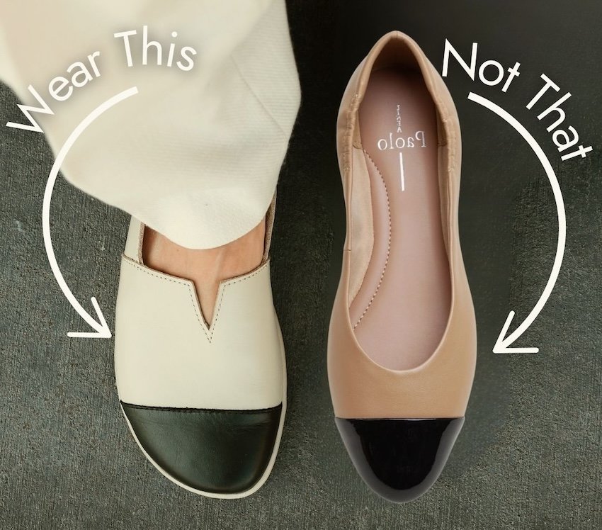 A top down view of two shoes. One is a barefoot shoe, the Be Lenka Rosaluna two toned flat next to a similar style shoe but with a pointy toe box. Text over the image is "Wear this" next to the foot shaped shoe and "not that next to the pointy shoe.