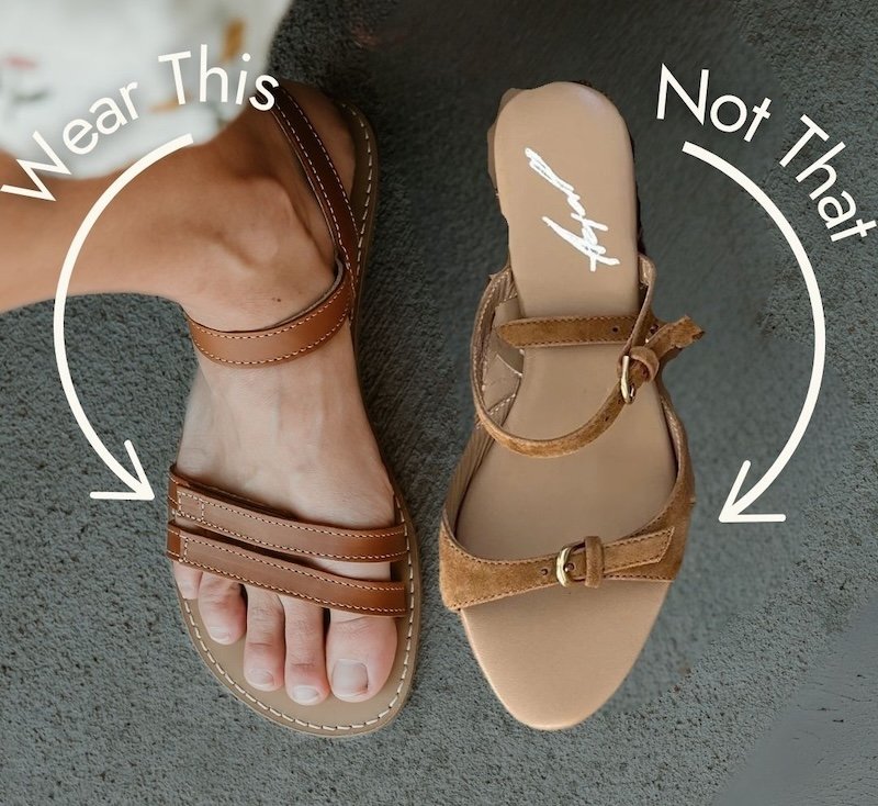 A top down view of two shoes. One is a barefoot shoe, the Be Lenka Summer brown leather sandal next to a similar style shoe but with a pointy toe box. Text over the image is "Wear this" next to the foot shaped shoe and "not that next to the pointy shoe.