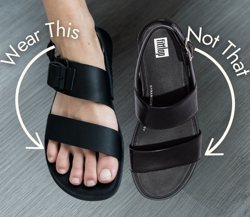A top down view of two shoes. One is a barefoot shoe, the Groundies Kos black chunky barefoot sandal next to a similar style shoe but with a pointy toe box. Text over the image is "Wear this" next to the foot shaped shoe and "not that next to the pointy shoe.