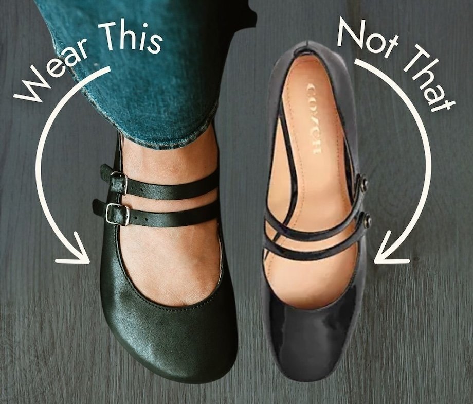 A top down view of two shoes. One is a barefoot shoe, the cutom Villet Jenon Leather mary jane flat next to a similar style shoe but with a pointy toe box. Text over the image is "Wear this" next to the foot shaped shoe and "not that next to the pointy shoe.