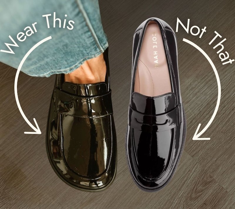 A top down view of two shoes. One is a barefoot shoe, the Shapen Sheen patent leather loafer next to a similar style shoe but with a pointy toe box. Text over the image is "Wear this" next to the foot shaped shoe and "not that next to the pointy shoe.