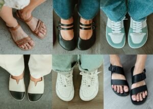 A collage of stylish foot-shaped barefoot shoes for summer.