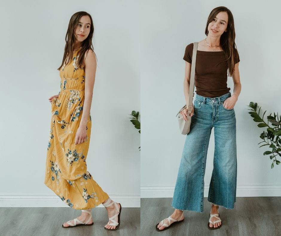 A collage of a woman wearing the same tan wrap tie Juuri barefoot sandals. One outfit is with a yellow floral dress and the other outfit is denim and a brown t shirt.