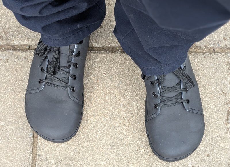 Top down view of Gaucho Ninja vegan safety shoes with a wide toe box and zero drop outsole