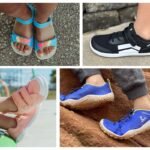 A collage of four photos featuring different wide toe box barefoot shoe brands for kids. Zeazoo, Splay, Be Lenka, and Vivobarefoot are shown