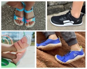 A collage of four photos featuring different wide toe box barefoot shoe brands for kids. Zeazoo, Splay, Be Lenka, and Vivobarefoot are shown