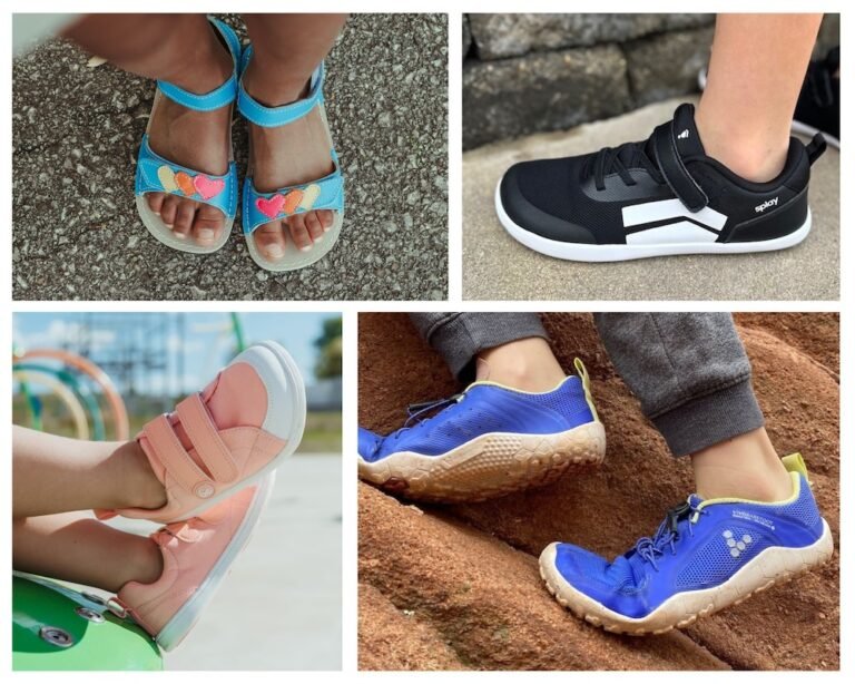 A collage of four photos featuring different wide toe box barefoot shoe brands for kids. Zeazoo, Splay, Be Lenka, and Vivobarefoot are shown