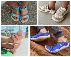 A collage of four photos featuring different barefoot shoe brands for kids. Zeazoo, Shapen, Be Lenka, and Vivobarefoot are shown
