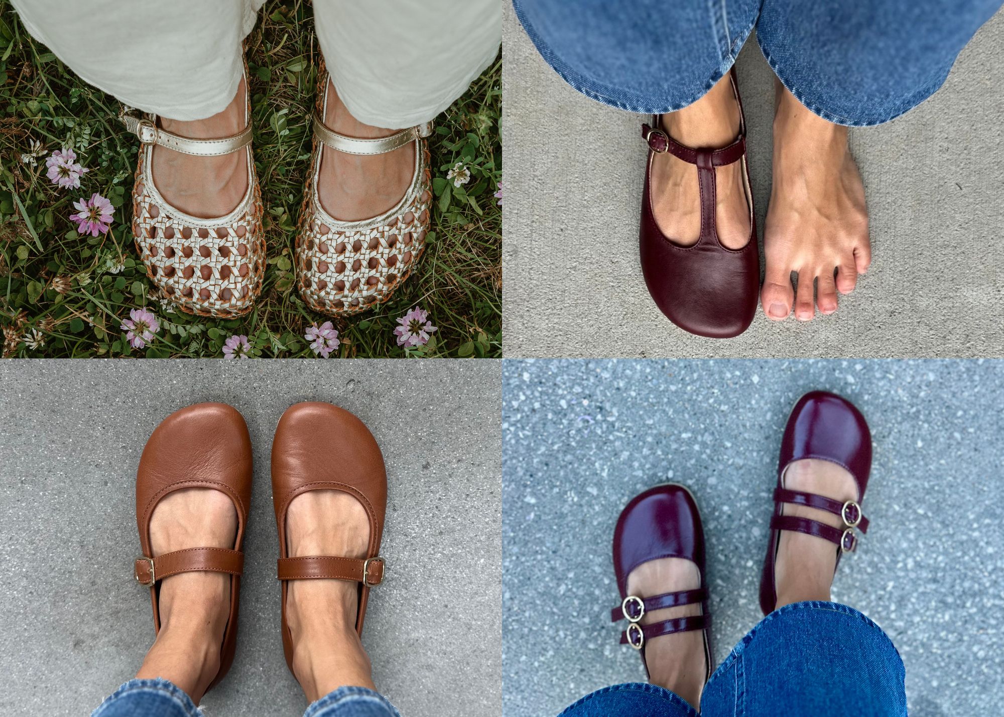 4 photo collage of 4 different styles of Origo Shoes Mary Janes barefoot flats with wide toe boxes in trendy designs.