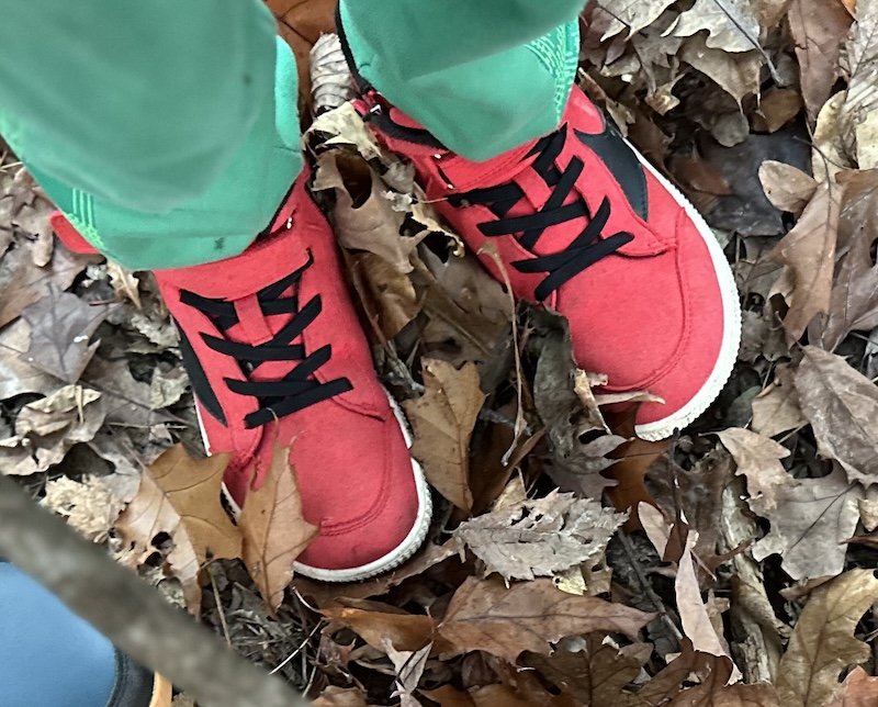 Saguaro red and black high top affordable barefoot shoes for kids being worn by a young child standing on dead leaves. The lace up barefoot sneakers have a velcro closure at the ankle