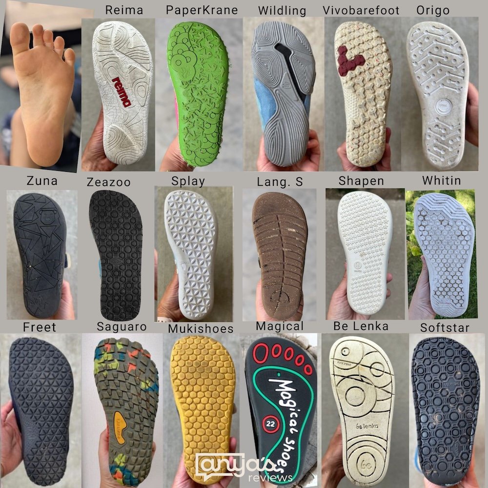 A grid comparing the sole shapes of different barefoot kids shoe brands, that have an anatomical wide toe box shape.