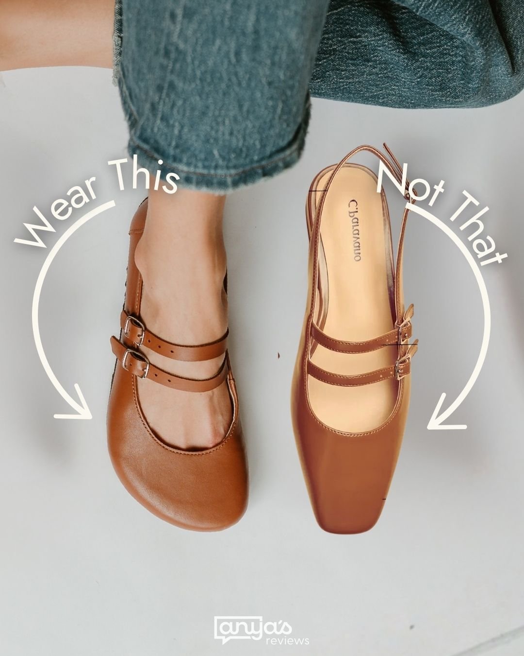An annotated image of a single Jenon Leather Villet double strap mary jane compared to a conventional pointed toe double strap sling back mary jane. Wear This with an arrow is pointing at Jenon Leather. Not That with an arrow is pointing at the convention option.