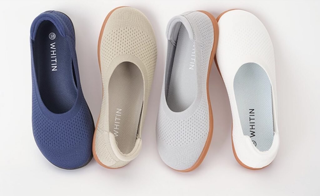 A flatlay of Whitin wide toe box barefoot ballet flats in different colors in a row. All have a knit upper,
