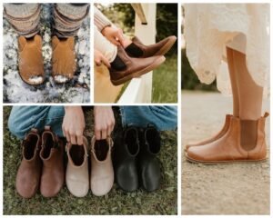 A collage of 4 different brands of wide toe box barefoot chelsea boots that are both stylish and functional