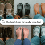 A collage of extra wide toe box barefoot shoes. There is a search bar in the middle that reads "the best shoes for really wide feet"