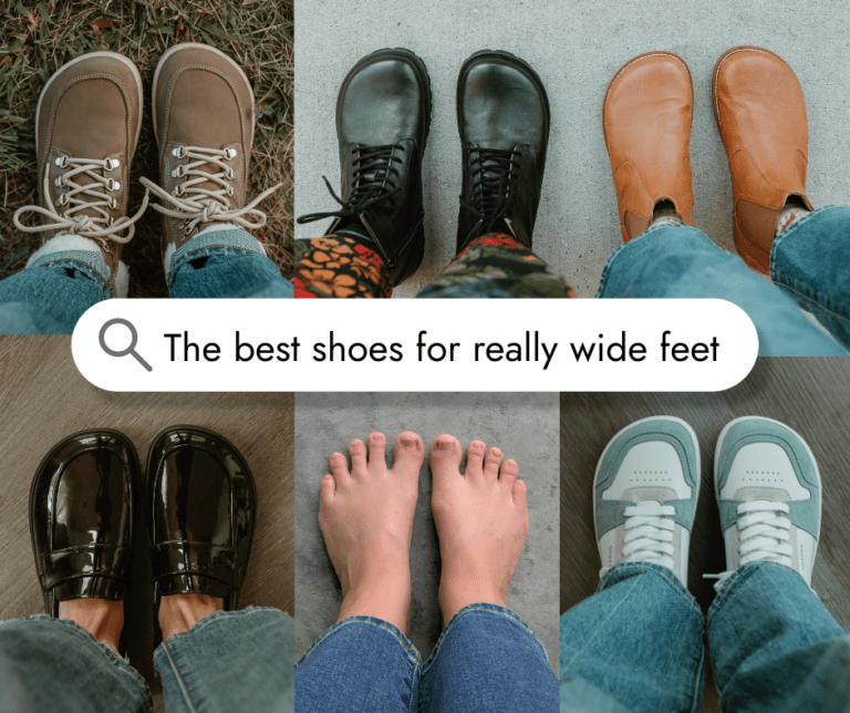 A collage of extra wide toe box barefoot shoes. There is a search bar in the middle that reads "the best shoes for really wide feet"