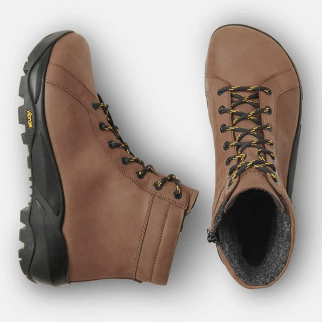 Top down and side view of a pair of brown leather wide toe box cushioned hiking boot from Baer. The Feldberg.