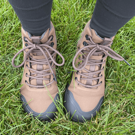 Top down close up of a pair of Bahe Rediscover hiking boot with a wide toe box and grounding technology