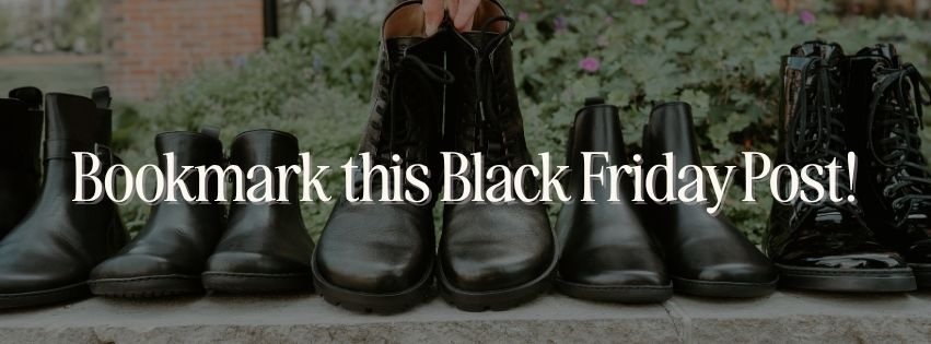 A banner image of a row of black barefoot shoes with the text superimposed over it "Bookmark this Black Friday Post!"