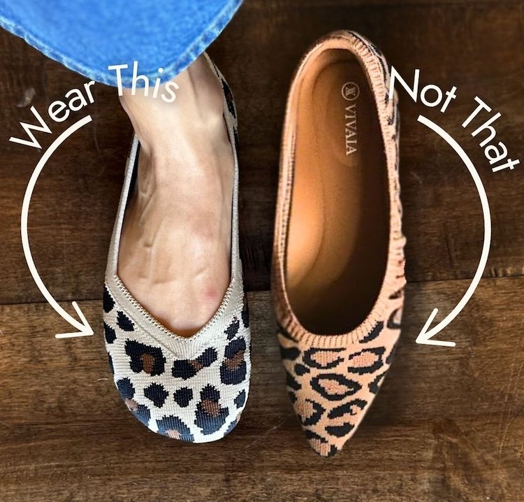 A top down view of two shoes side by side on a wood floor. Both are leopard print knit ballet flats, but the left shoe is a barefoot Xero Phoenix shoe with a wide toe box and the right shoe is pointy and narrow. The text "Wear This, Not That" is superimposed over the image.