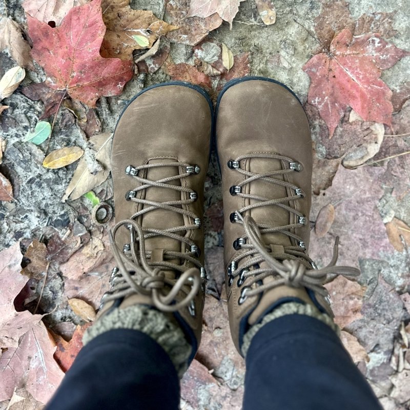 top down view of a pair of Freet Chamois barefoot hiking boots in light brown with matching laces. There are chunky socks peeking out the top