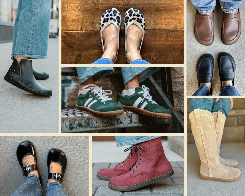 A collage featuring 7 different stylish barefoot shoes ranging from flats to cowboy boots in a collage style grid. Feelgrounds, Koel, Xero Shoes, Zaqq, and Shapen Barefoot are brand represented