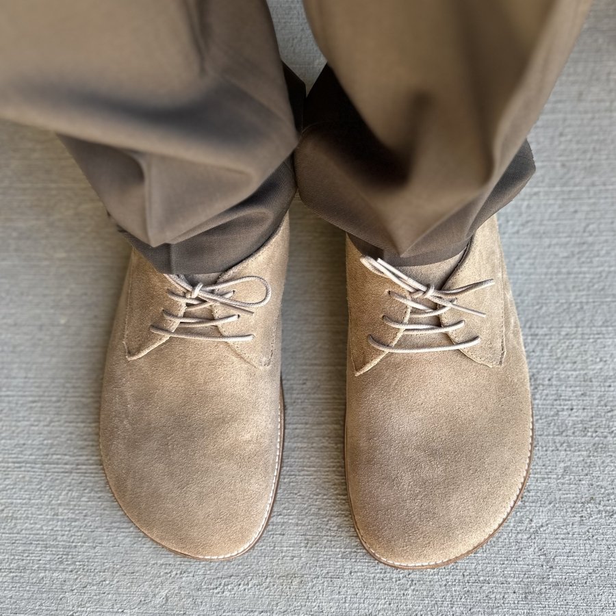 TOp down look at Origo Shoes Men's barefoot Derby dress shoes in tan suede with leather laces and a wide toe box