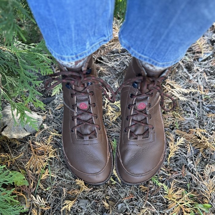 A top down view of Softstar Switchback II leather wide toe box hiking shoes handmade in the USA