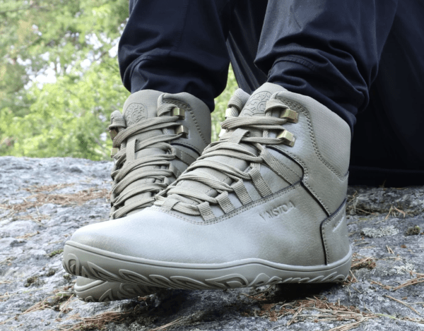 Vaistoa leather barefoot wide toe box hiking boots being worn outside