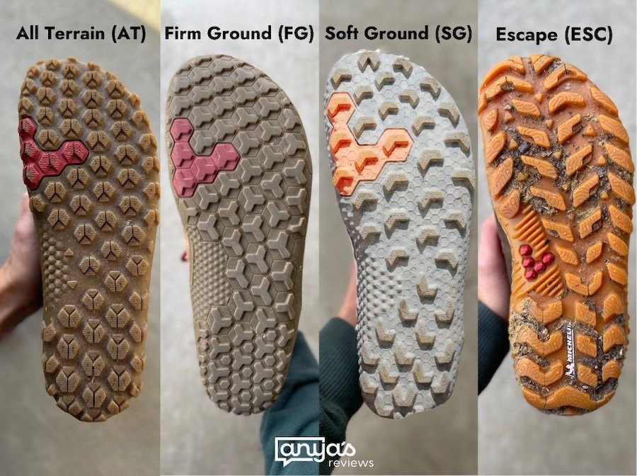 A collage of 4 different outsole types from Vivobarefoot barefoot hiking shoes to be used on different terrains