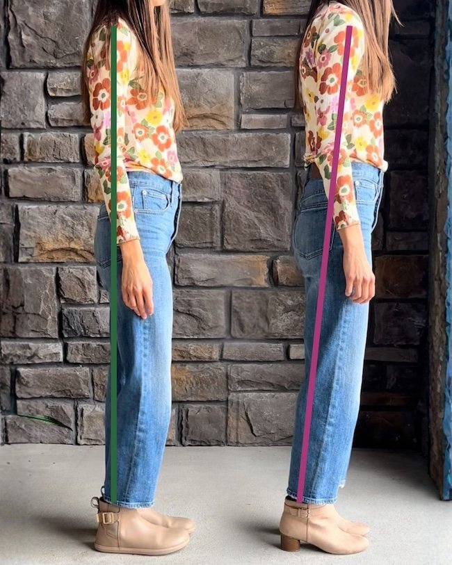 A side by side collage of the same woman wearing the same outfit but two different pairs of shoes. The left shoe is the Xero Tari II Doeskin by Anya barefoot chelsea boot with a flat sole and the right is a similar style of boot with a block heel. Anya is standing upright in the flat shoes, but is leaning forward in the heeled boots because the height of the heel pushes her weight forward.