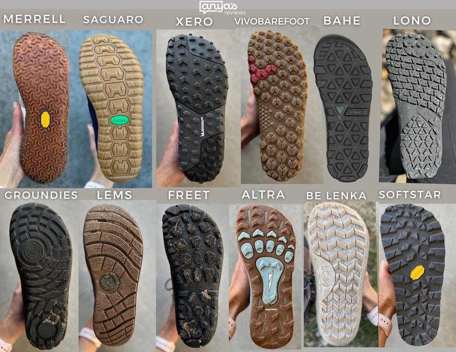 A collage of 12 different brands of barefoot hiking boots and shoes, showing their outsole shape and width, organized from narrowest to widest