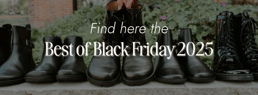 A banner image of a row of black barefoot shoes with the text superimposed over it "Find here the Best of Black Friday 2025"
