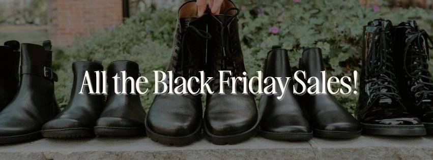 A banner image of a row of black barefoot shoes with the text superimposed over it "All the Black Friday Sales!"