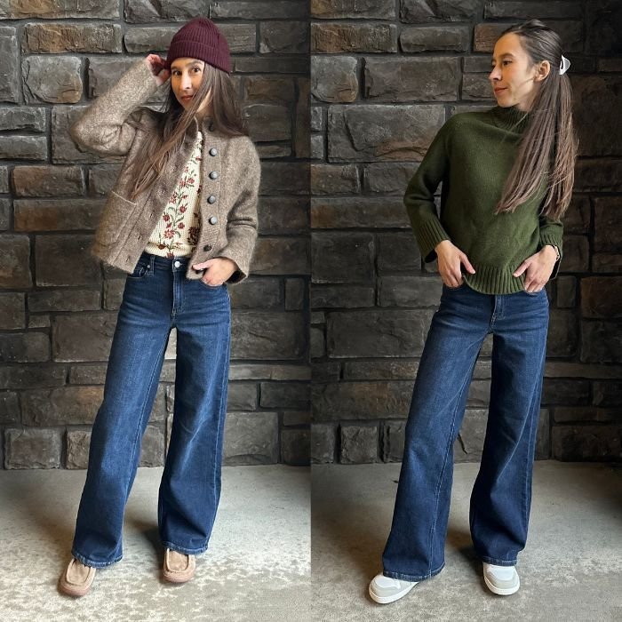 A collage of a woman showing two different outfit styling with casual barefoot shoes, Raum Good Mecca and Shapen Rewind from Anya's Shop.