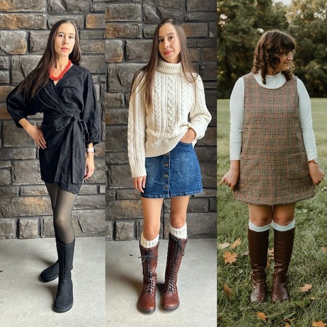 A collage of a woman showing two different outfit styling with tall barefoot boots, Peerko Regina, Peerko Empie, and Shapen Glam from Anya's Shop