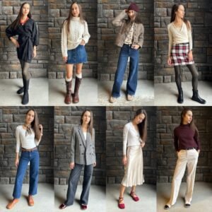 A collage of a woman styling different holiday party outfits each with a different pair of foot-shaped barefoot shoes for 2025