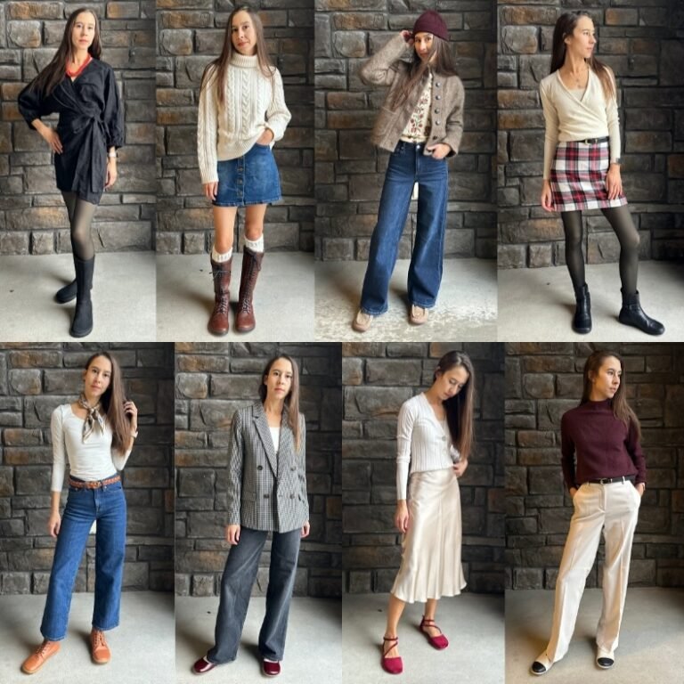 A collage of a woman styling different holiday party outfits each with a different pair of foot-shaped barefoot shoes for 2025