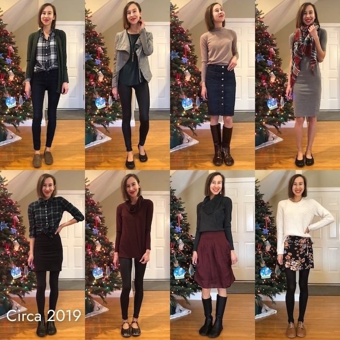 A collage of a woman styling different holiday party outfits each with a different pair of foot-shaped barefoot shoes.